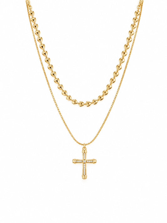 Colar Duplo Dourado com Pingente de Cruz e Zircônias